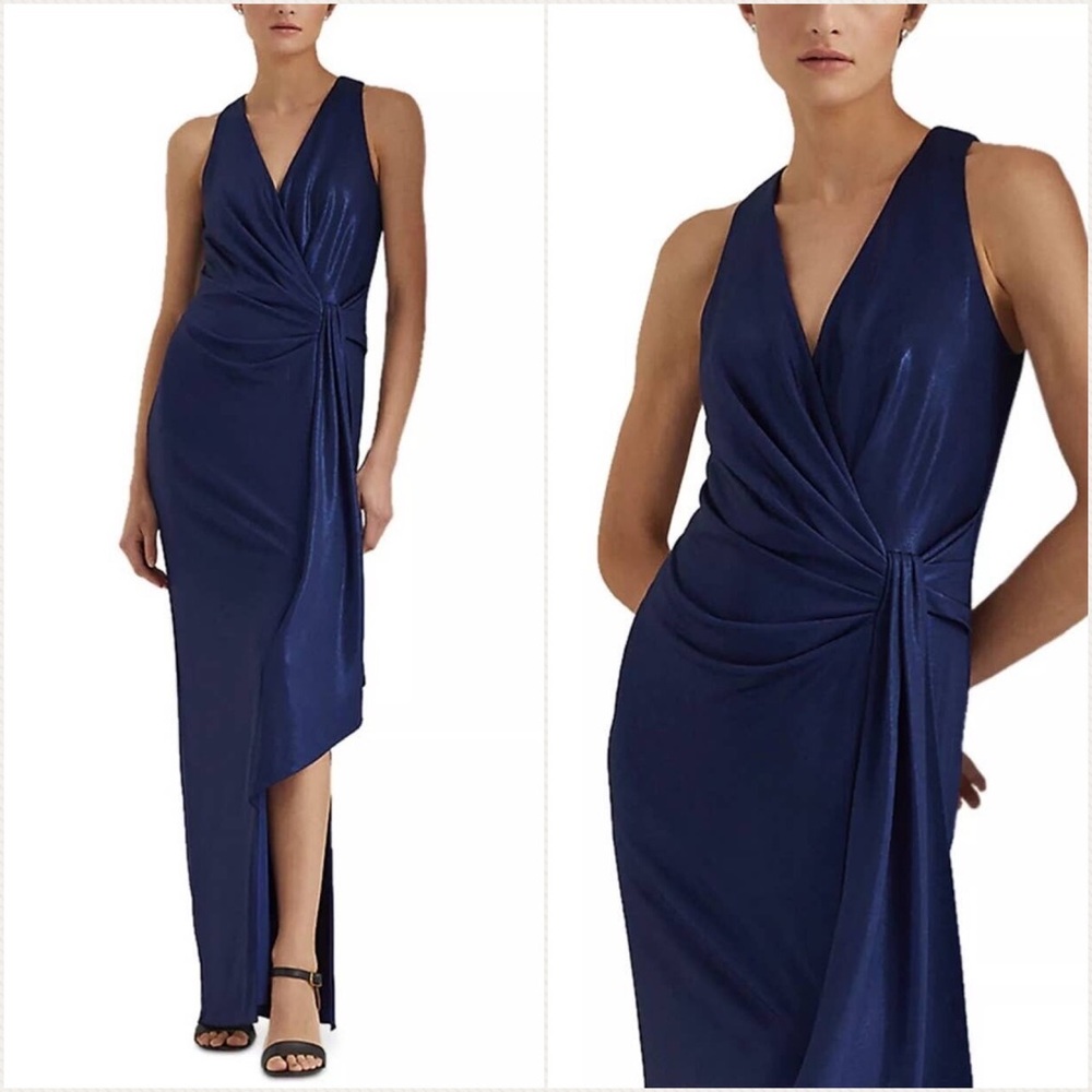 LAUREN RALPH LAUREN Foil-Print Jersey Surplice Slit Front Gown Size 14 NEW